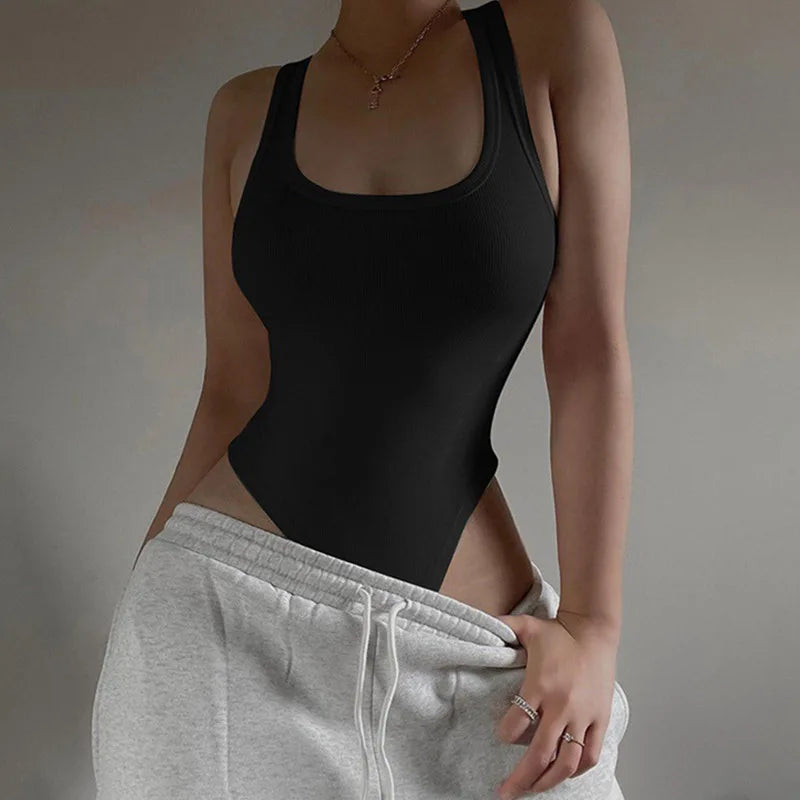 Women's Off-Shoulder Halter Knit Bodysuit – Sleeveless Slim-Fit Bodycon Top - Harmony Haven - Essentials