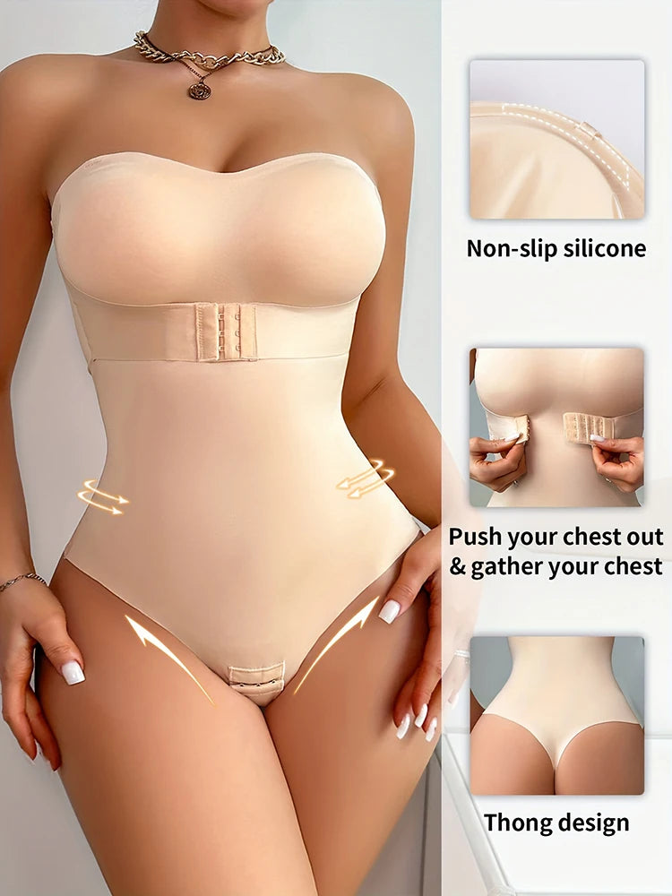 Plus Size Strapless Thong Bodysuit – Seamless Firm Tummy Control Shapewear - Harmony Haven - Essentials