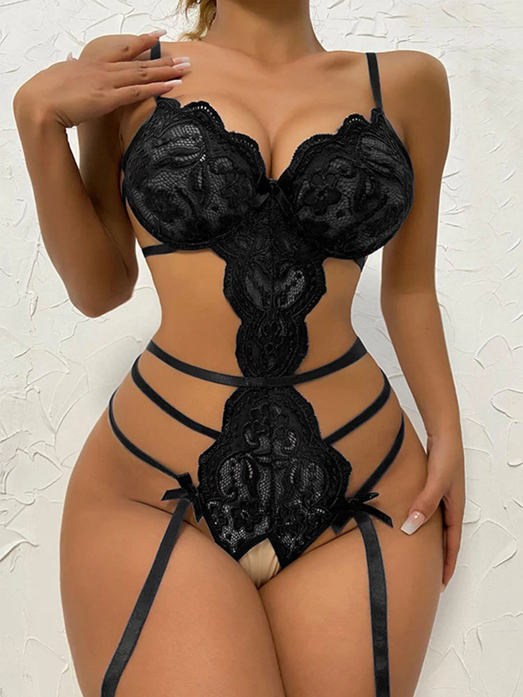 Women's Embroidered Lace Teddy Bodysuit – Deep V Sheer Intimate Babydoll - Harmony Haven - Essentials