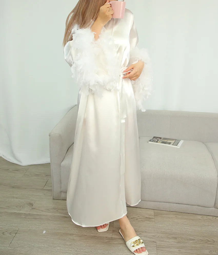 Women's Luxury Silk Feather Boudoir Robe – Long Bridal Kimono Maxi Dress - Harmony Haven - Essentials