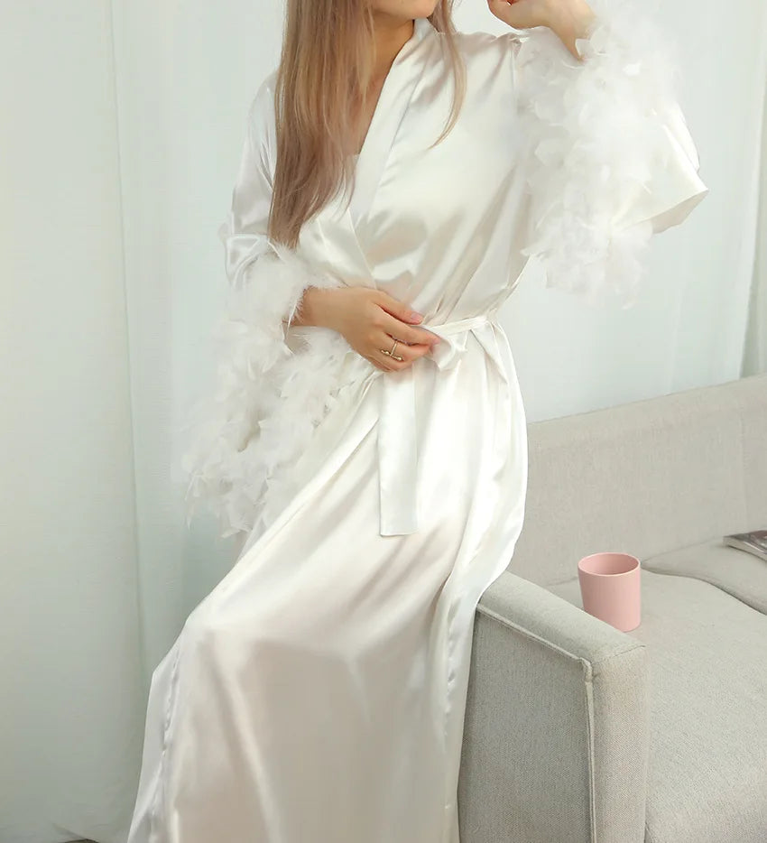 Women's Luxury Silk Feather Boudoir Robe – Long Bridal Kimono Maxi Dress - Harmony Haven - Essentials