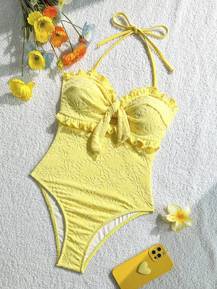 Women's Floral Print One-Piece Swimsuit – Strapless Ruffle Off-Shoulder Monokini - Harmony Haven - Essentials
