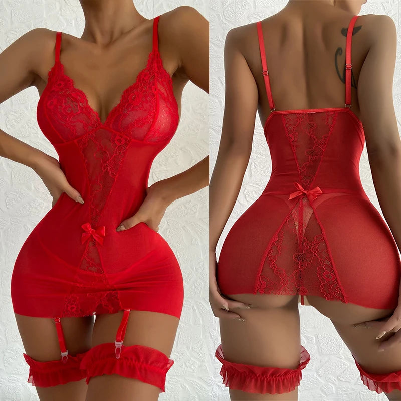 Women's Plus Size Sheer Lace Babydoll Nightgown – Elegant V-Neck Mini Dress - Harmony Haven - Essentials