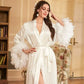 Women's White Satin Feather Bridal Robe – Luxury Mid-Calf Wedding Sleepwear Gown - Harmony Haven - Essentials