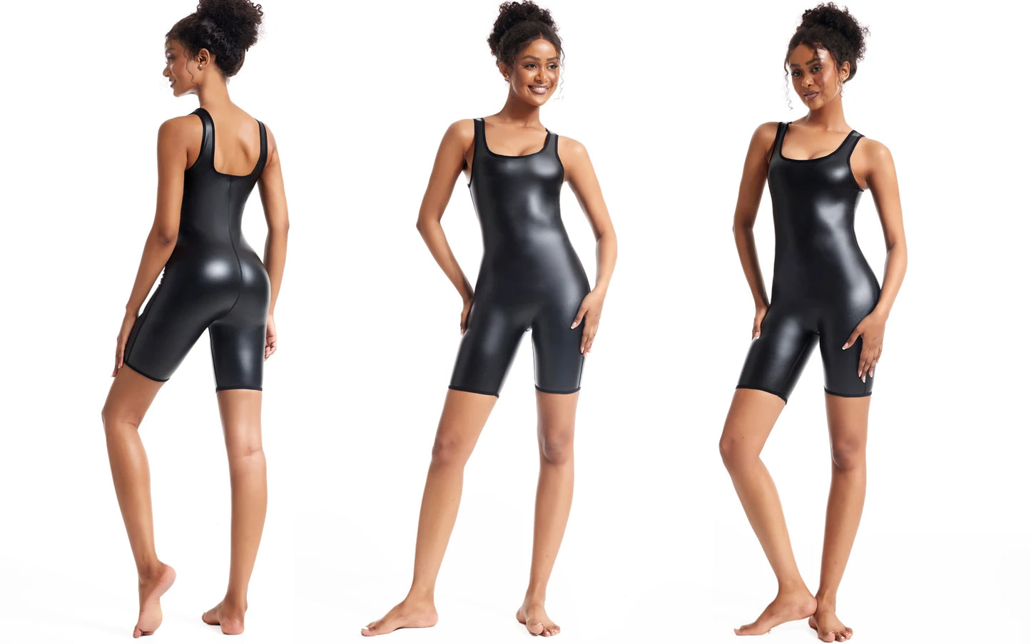 Women's Premium Faux Leather Full-Body Bodysuit – Sleek U-Neck Sleeveless Jumpsuit - Harmony Haven - Essentials