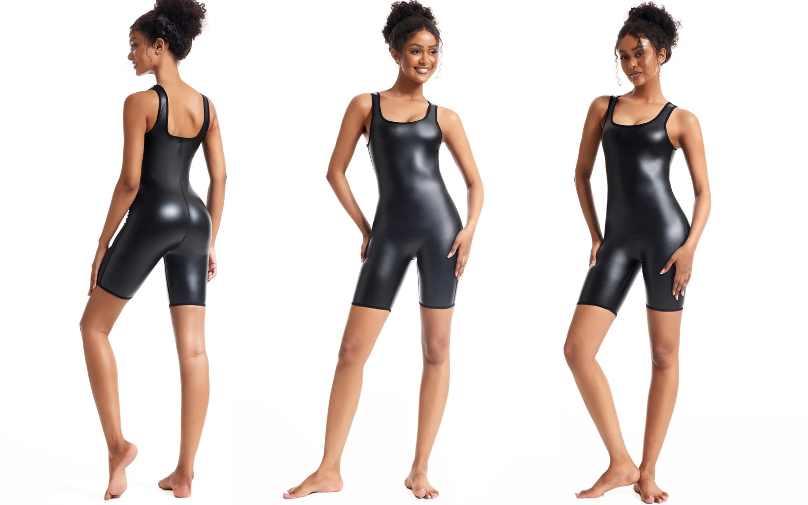 Women's Premium Faux Leather Full-Body Bodysuit – Sleek U-Neck Sleeveless Jumpsuit - Harmony Haven - Essentials