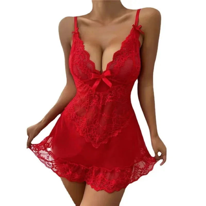 Women's Romantic Lace Babydoll Dress – Sheer Mesh Lingerie Nightwear - Harmony Haven - Essentials
