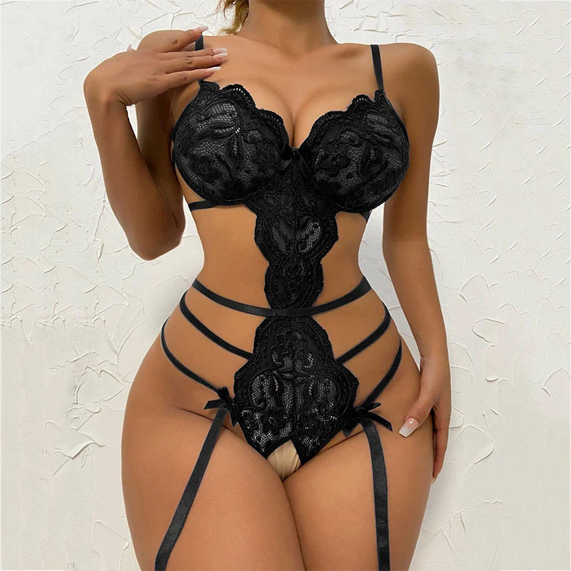 Women's Embroidered Lace Teddy Bodysuit – Deep V Sheer Intimate Babydoll - Harmony Haven - Essentials
