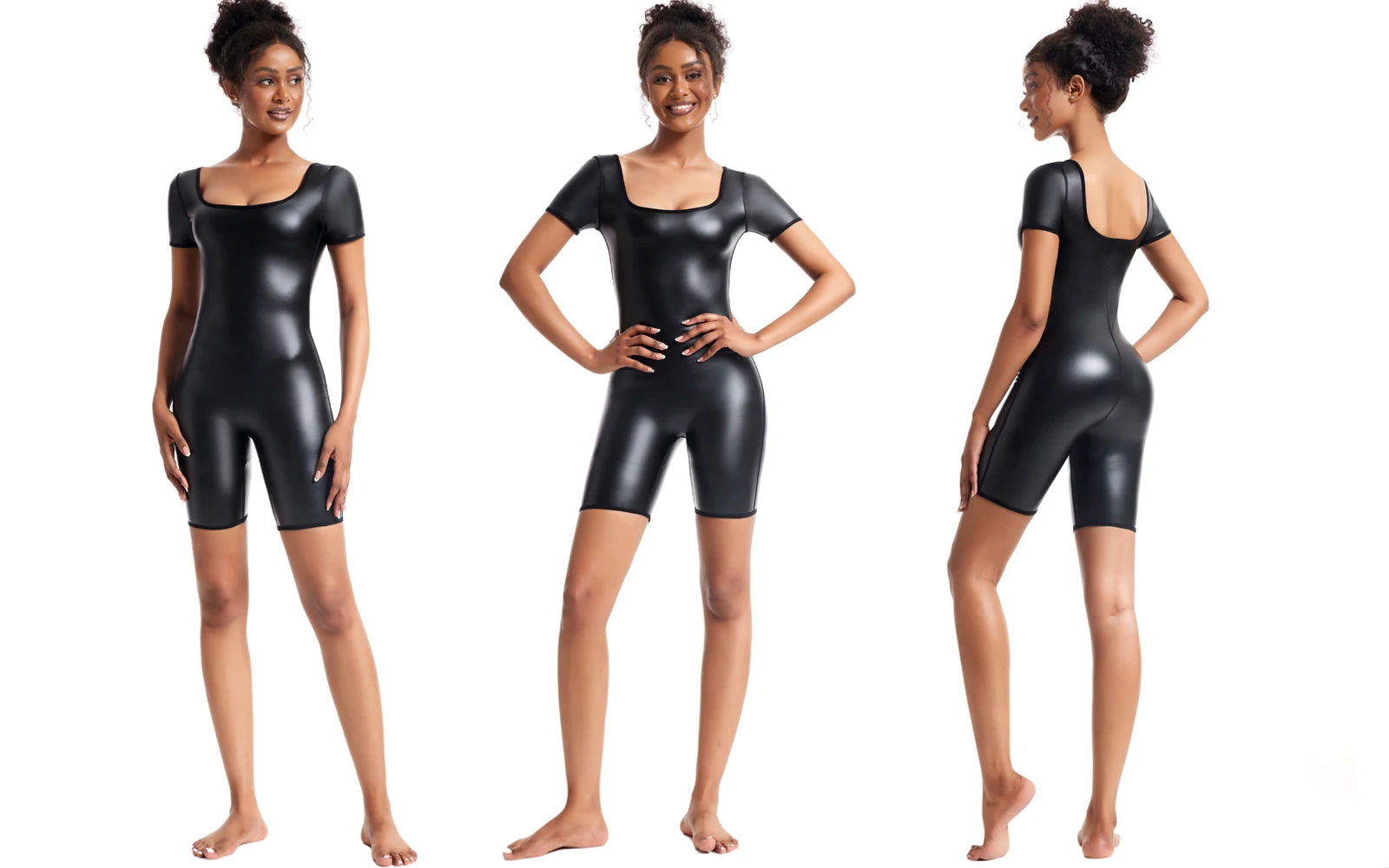 Women's Premium Faux Leather Full-Body Bodysuit – Sleek U-Neck Sleeveless Jumpsuit - Harmony Haven - Essentials