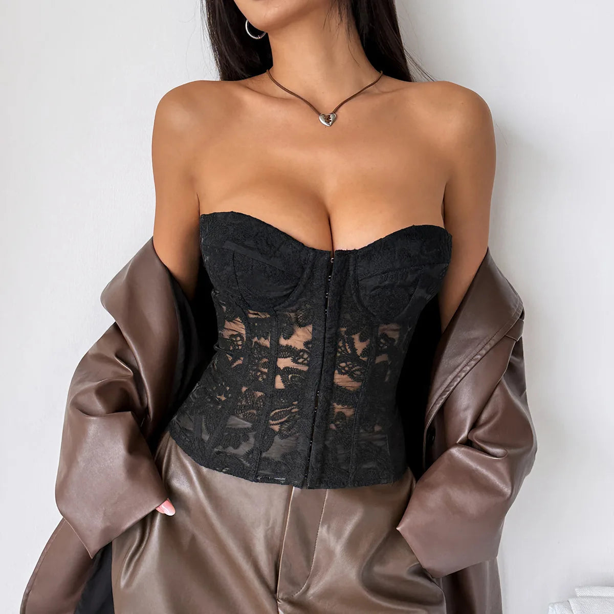 Women's Embroidered Lace Fishbone Corset Top – Strapless Backless Bustier Crop Top - Harmony Haven - Essentials