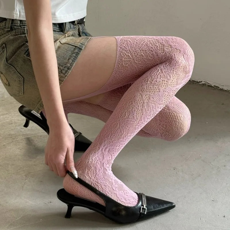Women's Floral Mesh Fishnet Tights – Elegant Purple Sheer Stockings - Harmony Haven - Essentials