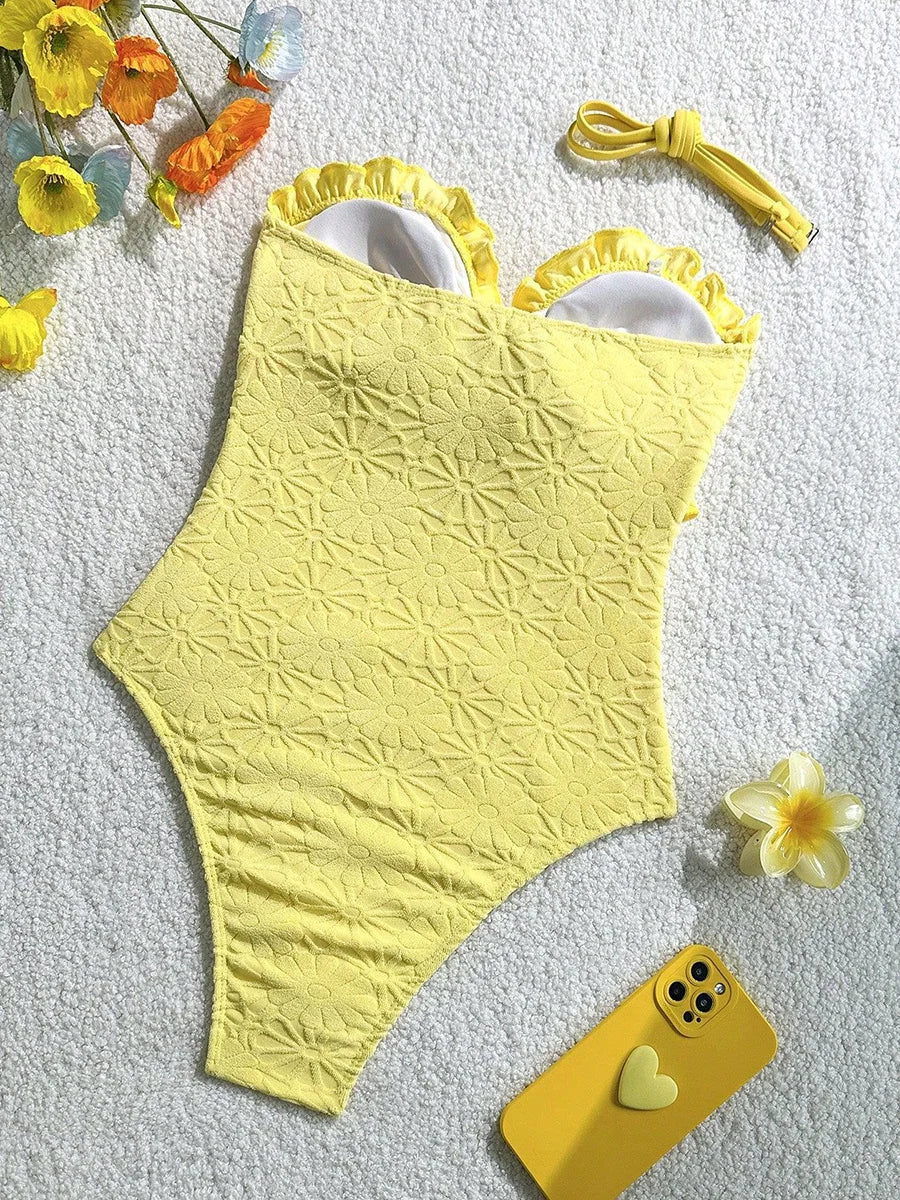 Women's Floral Print One-Piece Swimsuit – Strapless Ruffle Off-Shoulder Monokini - Harmony Haven - Essentials