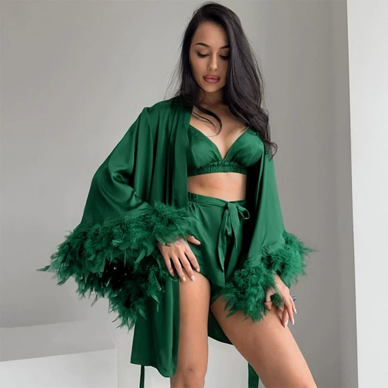 Women's Elegant Satin Bridal Morning Robe – Sheer Lace Accented Kimono Nightwear - Harmony Haven - Essentials