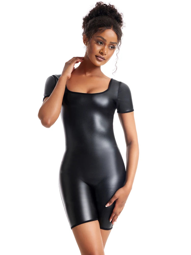 Women's Premium Faux Leather Full-Body Bodysuit – Sleek U-Neck Sleeveless Jumpsuit - Harmony Haven - Essentials
