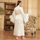 Women's White Satin Feather Bridal Robe – Luxury Mid-Calf Wedding Sleepwear Gown - Harmony Haven - Essentials