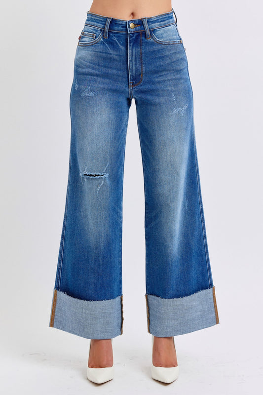 Judy Blue Full Size Distressed High Waist Wide Leg Jeans - Harmony Haven - Essentials